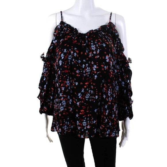 Parker Top Black 100% Silk Floral Cold Shoulder Long Sleeve - Picture 1 of 11